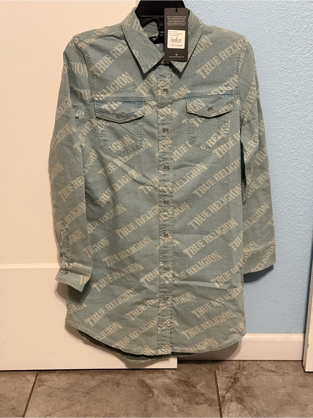 NWT True Religion All Over Print Georgia Denim Shirt Dress Medium Light Bliss Wa
